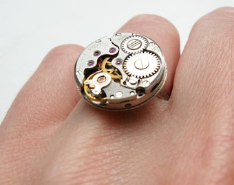 Steampunk ring Watch movement Silver Steam punk jewelry Unique gift Jewellery For women men