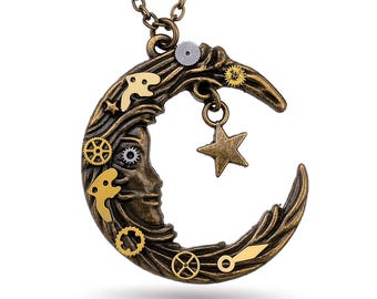 Collana steampunk con luna crescente, ciondolo a ingranaggio vintage, gioiello con volto lunare celeste, collana gotica boho, regalo unico fatto a mano
