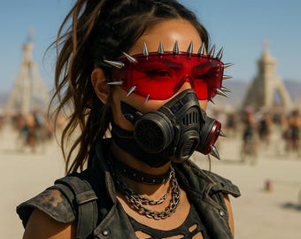 Red Spiked Futuristic Goggles – Cyberpunk Festival Glasses with Punk Rock Aesthetic