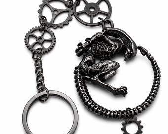 Portachiavi Steampunk con scheletro alieno, portachiavi ispirato allo Xenomorfo, portachiavi con ingranaggi biomeccanici, ciondolo gotico fantascientifico per borsa, regalo fatto a mano