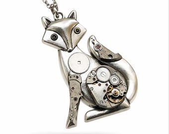 Collana con ciondolo a forma di volpe steampunk, gioiello con movimento di orologio, collana meccanica a forma di volpe, gioiello vintage con ingranaggi, regalo unico con ciondolo a forma di animale