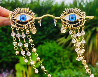 Gafas de sol doradas con forma de ojo turco – Gafas de festival con cadena de diamantes de imitación