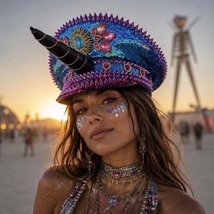 Czapka unisex z jednorożcem, czapka wojskowa z kryształkami, nakrycie głowy w stylu Burning Man, efektowny kapelusz z brokatem, modny dodatek na festiwal, 56 cm