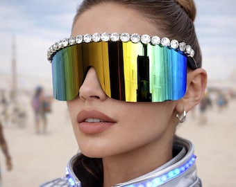 Rhinestone Visor Sunglasses, Burning Man Festival Glasses, Rainbow Mirror Shield Shades, Statement Festival Eyewear