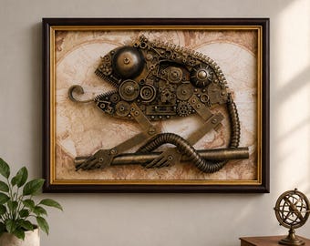 Quadro da parete camaleonte steampunk, teca con lucertola meccanica, scultura industriale in metallo, arte animale con ingranaggi, decorazione murale 3D incorniciata, regalo fatto a mano