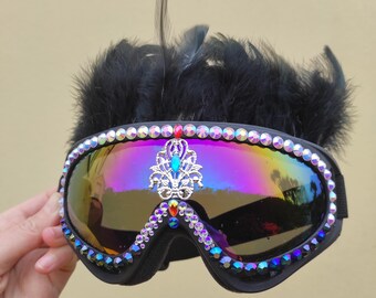 Goggles with black feathers Festival Burning Dust mask Rave Fashion Gift for Women Man Men EDC EDM outfit