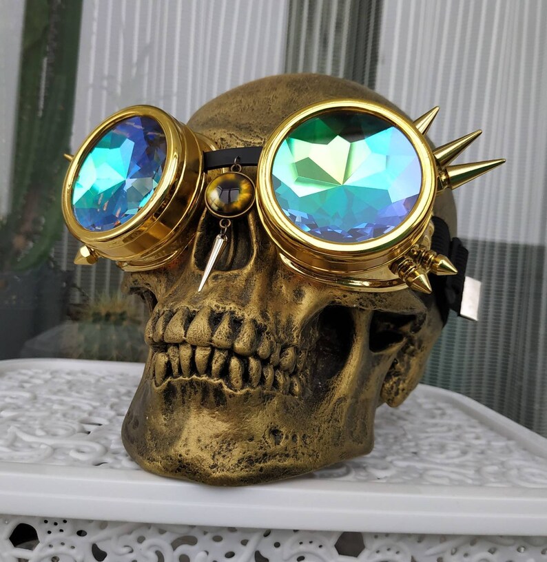 Gold dragon goggles Rainbow Trip Psychedelic Eye wear Golden Costume Festival DJ Futuristic King Queen Dance Music Steampunk For men women