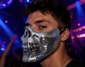 Maschera a teschio, maschera da festival con mosaico a specchio da discoteca, maschera con denti di strass, maschera da rave per Burning Man, costume da festa futuristico, maschera cyber