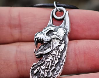 Ciondolo con teschio di lupo - Amuleto norreno in stile vichingo, collana con teschio di animale gotico, gioielli rustici da uomo