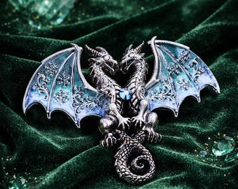 Spilla a doppio drago, spilla drago fantasy, gioielli drago gotici, spilla creatura mitologica medievale, ali di drago blu smeraldo, regalo fantasy