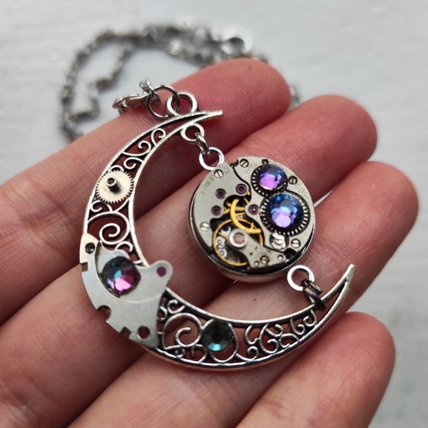 Collier de lune, bijoux en forme de croissant, véritables pièces de montre vintage, Steampunk, bijoux punk Steam, cadeau céleste pour hommes et femmes