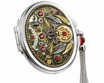 Specchietto tascabile unico in stile steampunk, specchietto compatto con ingranaggi vintage, specchietto per il trucco gotico vittoriano fatto a mano