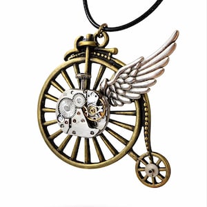 Wisiorek w stylu steampunk z rowerem i skrzydłem, biżuteria z mechanizmem zegarowym, naszyjnik z latającym rowerem w stylu vintage, wisiorek z mechanizmem mechanicznym, wyjątkowy prezent dla niej