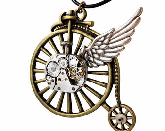 Ciondolo Steampunk a forma di bicicletta con ala, gioiello meccanico, collana vintage con bicicletta volante, ciondolo con ingranaggio meccanico, regalo unico per lei