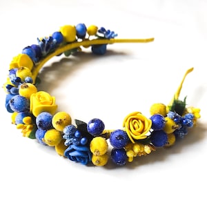 Blue and Yellow Floral Ukrainian Headband with Roses and Berries – Elegant Hair Accessory for Special event Ukraine
