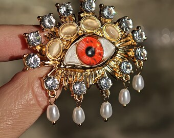Spilla a forma di occhio con perle – Gioielli mistici con occhio onniveggente, spilla con dichiarazione in oro e cristallo