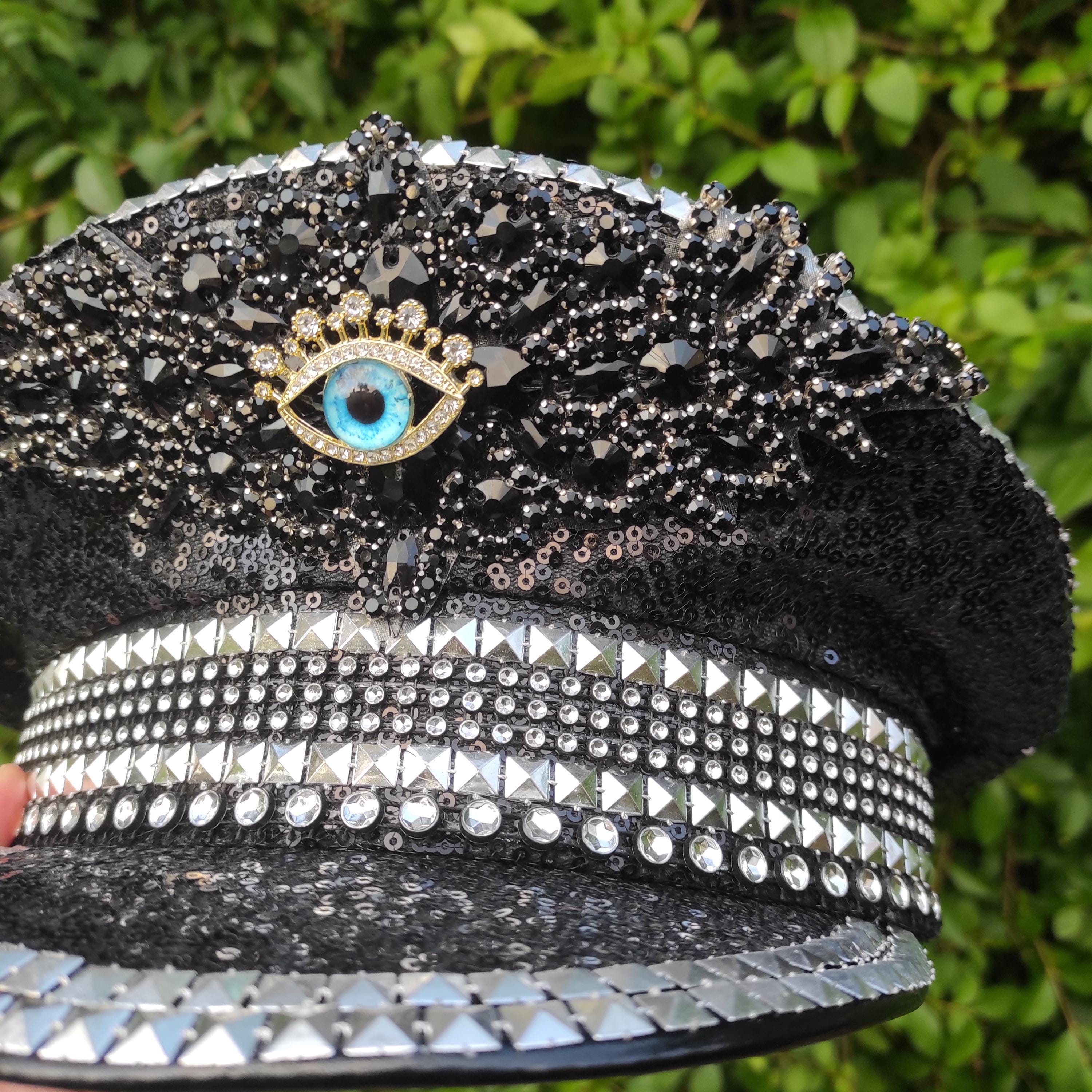 Black and Silver Studded Women\'s Cap sequence rhinestone bling caption hat XANHOY Jeweled Captain Hat Shimmering Crystals Hat For House  main image 4