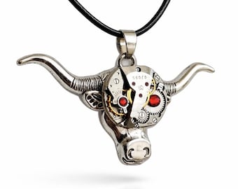 Collana con ciondolo a forma di toro steampunk, gioiello con movimento di orologio, ciondolo meccanico a forma di testa di animale, collana gotica di tendenza, regalo unico per lui e per lei