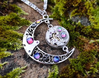 Steampunk Crescent Moon Necklace with Watch Movement Pendant, Celestial Gothic Jewelry, Silver Moon Necklace, Fantasy Gift