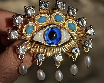 Spilla a forma di occhio con perle – Gioielli mistici con occhio onniveggente, spilla con dichiarazione in oro e cristallo