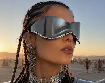Rhinestone Visor Sunglasses, Futuristic Shield Glasses, Oversized Festival Eyewear, Rave Fashion, Statement Mirror Visor, Burning Man Style