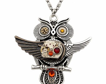 Collana con ciondolo a forma di gufo steampunk, gioiello meccanico a forma di gufo, collana con movimento di orologio, ciondolo a forma di uccello gotico, regalo di tendenza fatto a mano