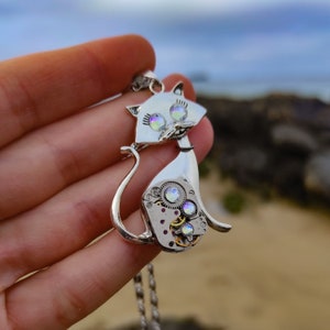 Cat jewelry necklace Steampunk Vintage Watch parts Cat lover gift Steam punk Silver Amulet Pet Animal Gift for women men