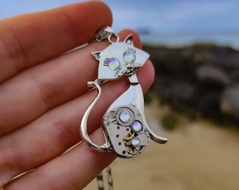 Collar de joyería de gato Steampunk Vintage, piezas de reloj, regalo para amantes de los gatos, amuleto de plata Steampunk, regalo animal para mujeres, hombres, niñas, hombres y mujeres