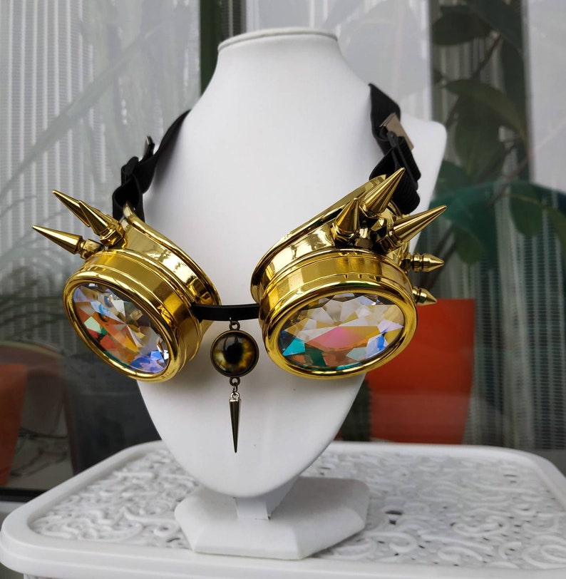 Gold dragon goggles Rainbow Trip Psychedelic Eye wear Golden Costume Festival DJ Futuristic King Queen Dance Music Steampunk For men women