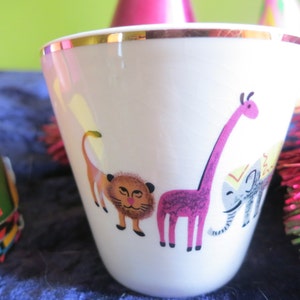 Vintage Ceramic Children&#39;s Cup Lion Elephant Giraffe Turtle Gold Rim USA