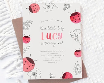 Our Little Lady Bug Watercolor Birthday Invite | Pink, Floral, Modern Invitation | Ladybug, Garden Party, Spring birthday
