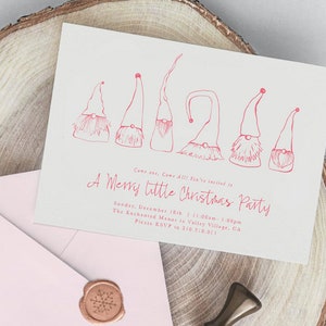 May include: A white invitation card with pink ink. The card features a hand-drawn illustration of six gnomes with pointy hats. The text reads "Come one, Come All! You're invited to A Merry Little Christmas Party. Sunday, December 18th | 11:00am - 1:00pm. The Enchanted Manor in Valley Village, CA. Please RSVP to 310.210.0111."