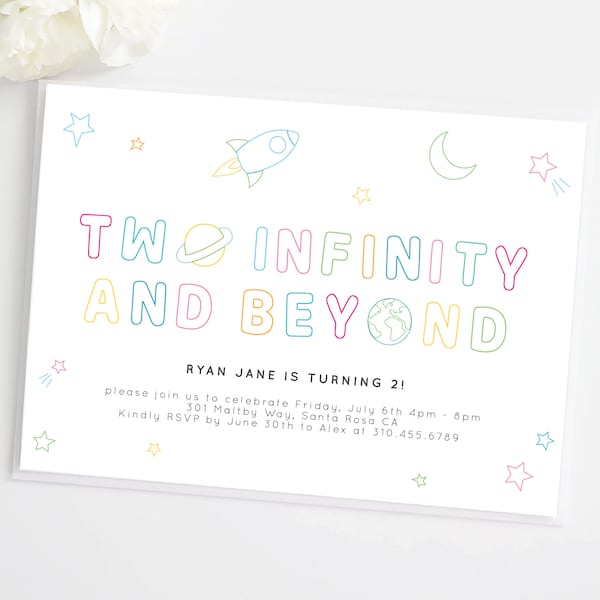 Invitation d'anniversaire de deux infinis et au-delà | Lune, Étoiles, Coloré, garçon ou fille, Space Party