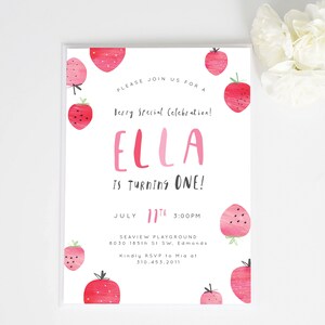 Strawberry birthday invite w/ back pattern |  Berry Special Birthday Invite | Summer Birthday invitation| Watercolor Strawberries Birthday