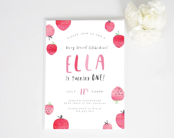 Strawberry birthday invite w/ back pattern |  Berry Special Birthday Invite | Summer Birthday invitation| Watercolor Strawberries Birthday