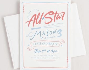 Invito di compleanno All Star / Invito per festa della squadra di baseball / Rosso, bianco e blu / Sport / Ragazzo e ragazza / Unico nel suo genere / Disegnato a mano / Principiante /