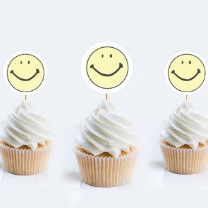 Smiley face Matching cake toppers | DIY | Printable | Boy or Girl | Kids | Yellow | Pink | 70&#39;s | 90&#39;s