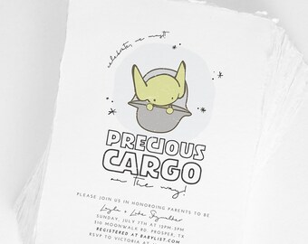 Baby Y o d a Baby Shower Invite | Precious Cargo on the way! | Celebrate, we must! | Moon, Stars, boy or girl, Space Party | Star wa rs