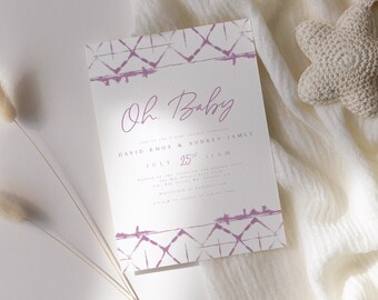 May include: A baby shower invitation with a purple and white geometric pattern. The invitation reads "Oh Baby" and includes the names "David Knox & Audrey James" and the date "July 25th 11AM".