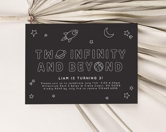 Two Infinity and Beyond  Birthday Invite | Moon, Stars, black and white, boy or girl, Space Party