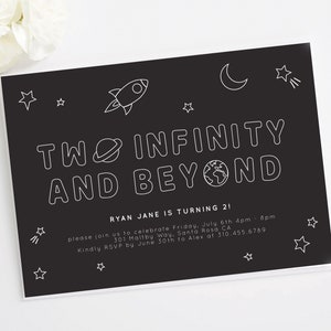 Two Infinity and Beyond  Birthday Invite | Moon, Stars, black and white, boy or girl, Space Party