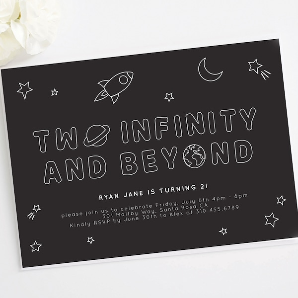 Invitation d'anniversaire de deux infinis et au-delà | Lune, Etoiles, noir et blanc, garçon ou fille, Space Party