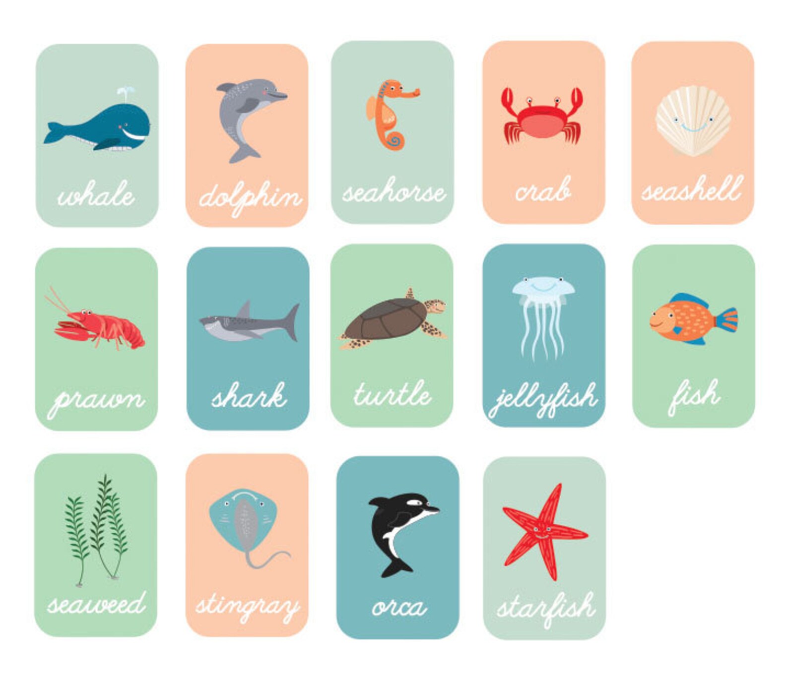 Sea Animals Flash Cards Printable Falsh Cards Animals Flash - Etsy
