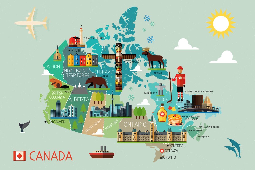 Canada Map 8 X 10 In 11 X 14 In 20 X 30 In Kids Canada Etsy