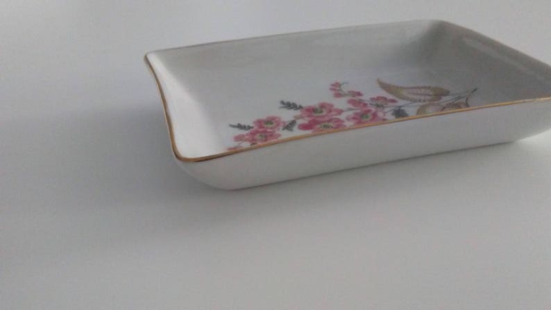 White porcelain ashtray with gold borderashtray with pink flowersVintage ashtray Capodimonte