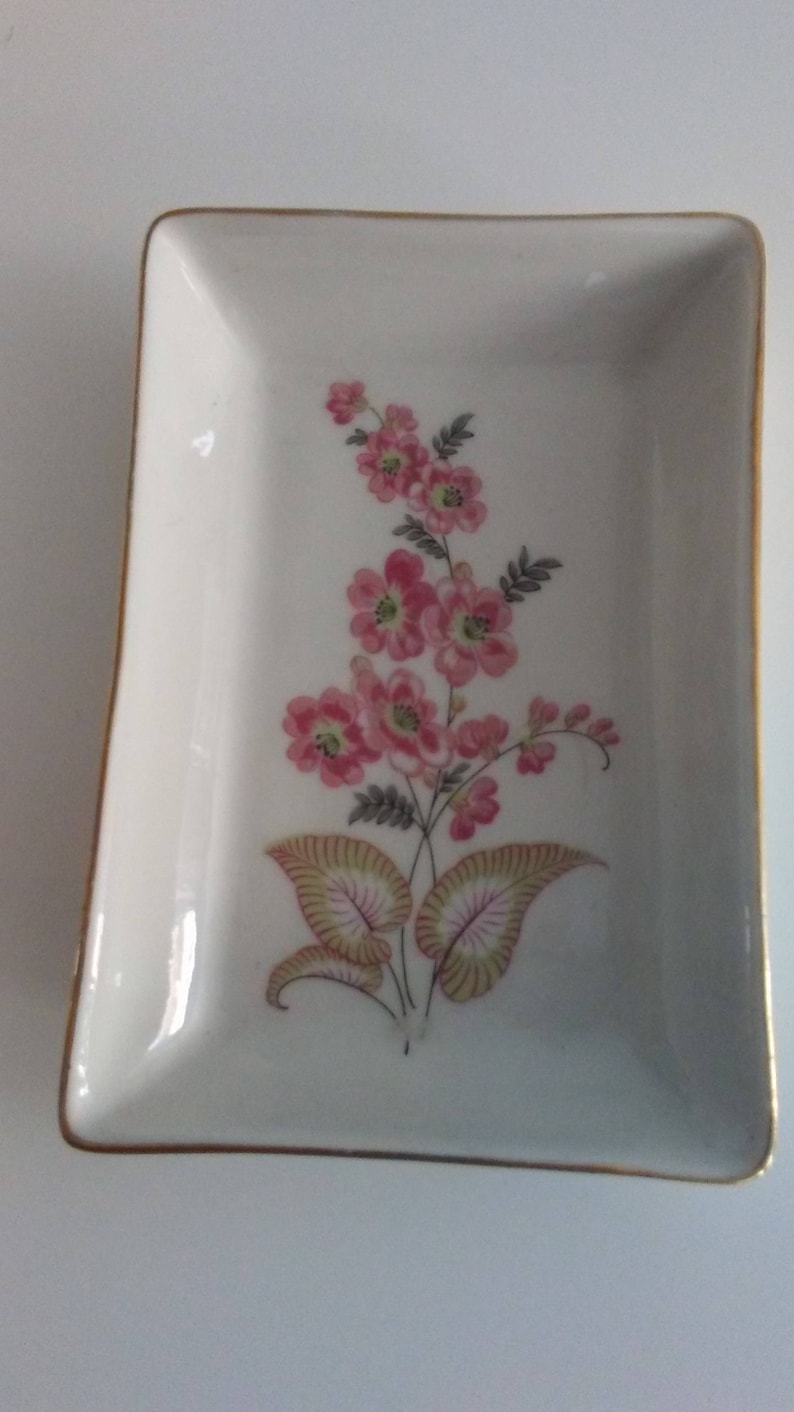 White porcelain ashtray with gold borderashtray with pink flowersVintage ashtray Capodimonte