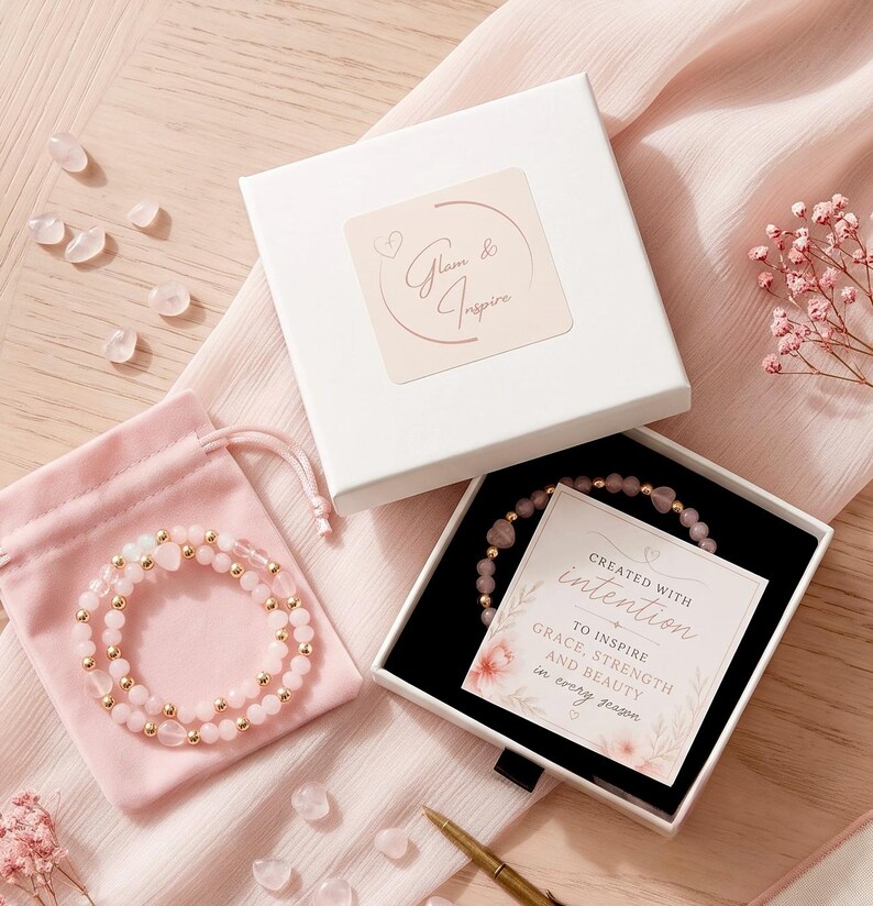 May include: Two beaded bracelets featuring light pink round beads, small gold-tone spacers, and heart-shaped beads. One bracelet is inside a white gift box with a card reading Created with Intention, and the other is on a pink velvet pouch.