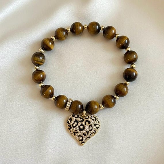 Tiger Eye Gemstone Bracelet, Leopard Print Heart Charm Bracelet