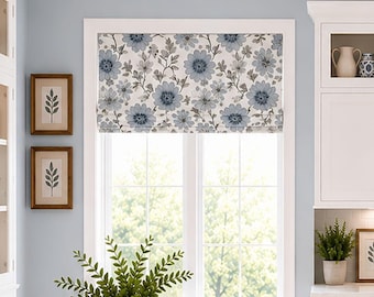 Roman Shade, Faux Shade Valance, Blue Gray White Floral Modern Kitchen, Bellingham in Blue