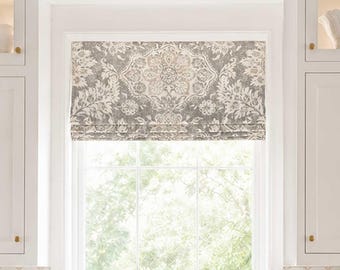 Lined Neutral Floral Living Room Roman Shade or Faux Shade Valance, Cream Ivory Gray Custom Window Treatment, Belmont in Mist